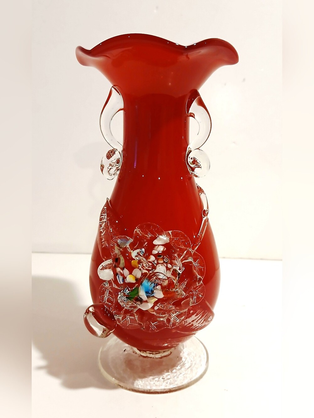 Vintage Red Blown Art Glass Vase with Sculpted Clear Accents